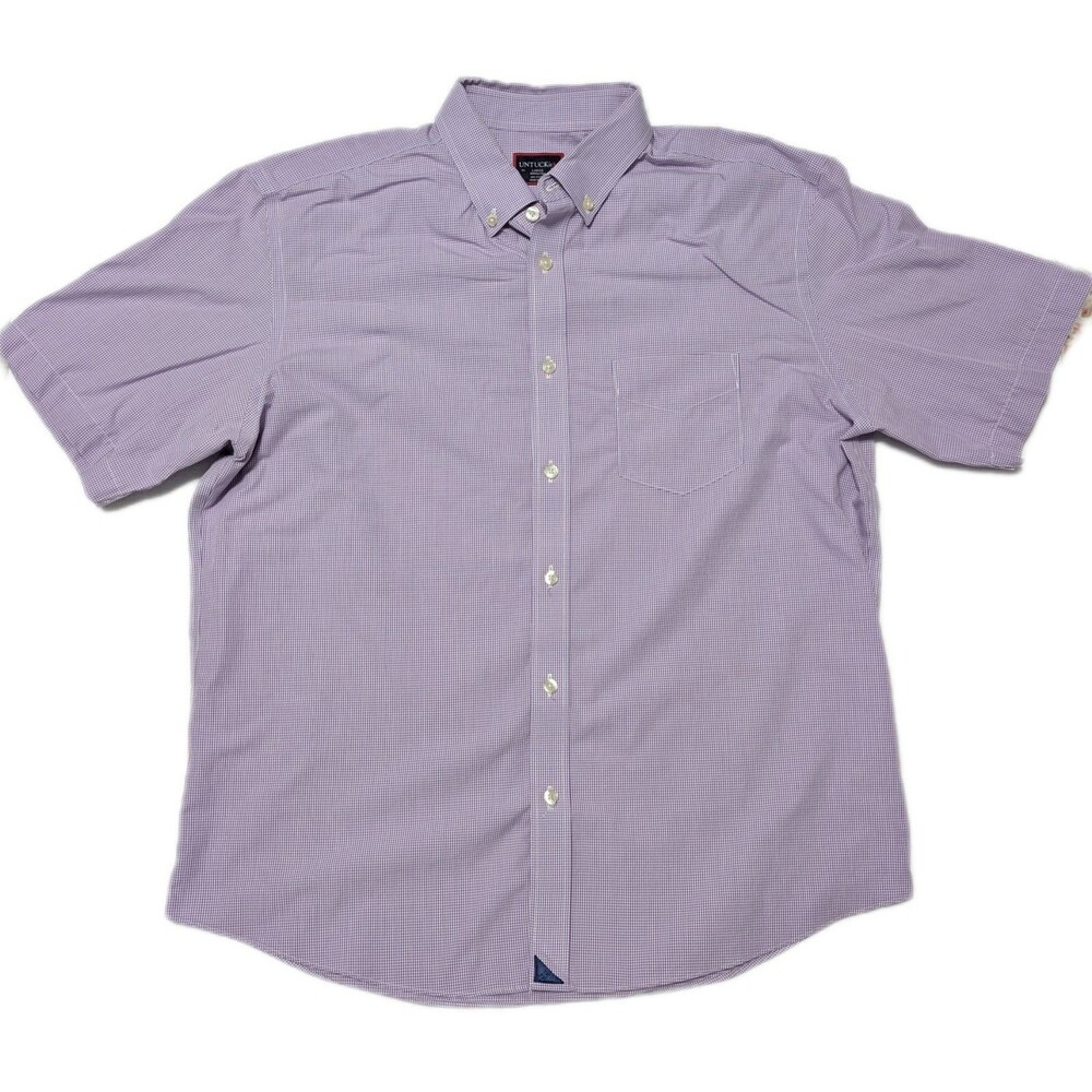 Untuckit Mens Short Sleeve Cotton Gingham Button Front Shirt L Purple Check